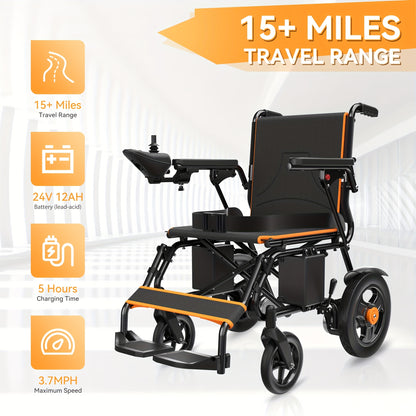 KERDOM Smart Folding Electric Wheelchair (Adult/Senior Model) - The Perfect Gift for Parents! 15+ Miles Range, 12AH Battery, 360° Joystick, All-Terrain Mobility, One-Key Folding (Black/Orange Dual Color)