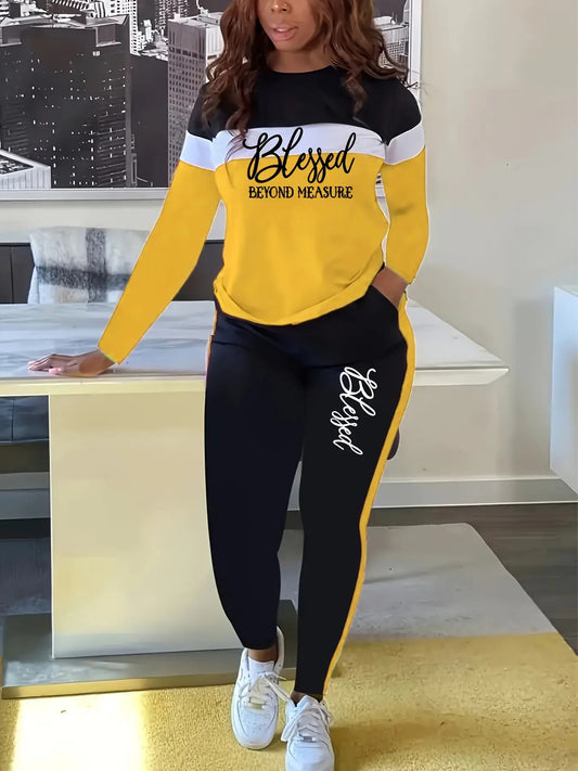 Women's Casual Suit, Patchwork Color And Letter Print