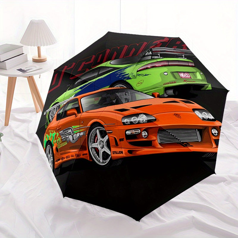 Automatic Folding Umbrella with Racing Car Design - 8-Rib Windproof Portable Travel Umbrella, Durable Plastic & Iron, Black with Colorful Car Graphics, Ideal for Holiday Gifts, Travel Umbrella, Stylish Accessory, Sturdy Const