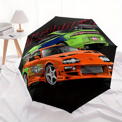 Automatic Folding Umbrella with Racing Car Design - 8-Rib Windproof Portable Travel Umbrella, Durable Plastic & Iron, Black with Colorful Car Graphics, Ideal for Holiday Gifts, Travel Umbrella, Stylish Accessory, Sturdy Const
