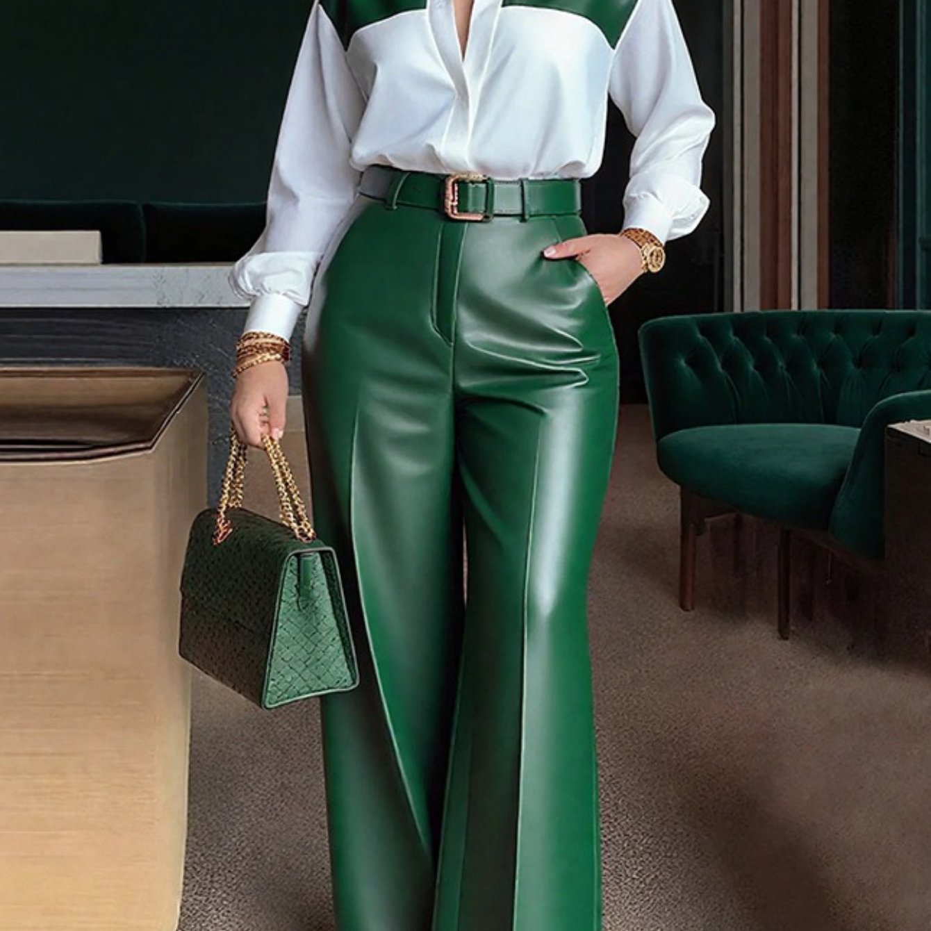 ARTPAGE Office Commuting Leather Pants Outfit, Long Sleeve Shirt + High-Waisted Wide-Leg Leather Pants Two-Piece Set