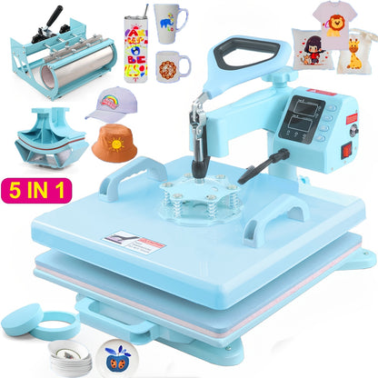Heat Press Machine - Multifunction 5in 1 with Tumbler Press - 15" X 15" / 12" X 15" Heat Transfer Machine - 360° Swing Away T-Shirt Pressing Machine - Fast And Even Heating - Digital Precise Control - for DIY T-Shirts/Mugs/H