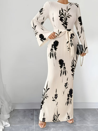 Women's Elegant Pleated Fabric Flared Long Sleeve Dress for Autumn and Winter
