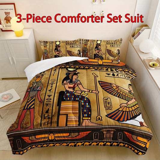 3pcs Comforter Set, Pharaoh Pyramid Printed Quilt for Bedroom Decor Include 1 Comforter And 2 Pillowcases