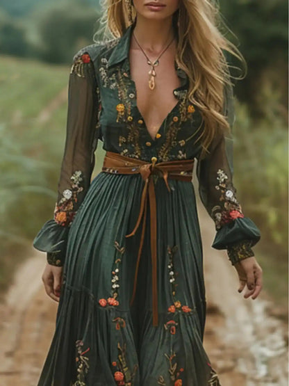 [Bohemian Style]Elegant Women's Round Neck Dress- Long Sleeve with Faux Drawstring Waist, High-Low Hem, Suitable for Spring, Summer, and Autumn, Casual and Elegant| High Waist Dress| Polyester fabric- belt not included, Autum