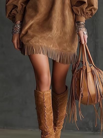 American Vintage Fashion Fringe Women's Mini Dress with Round Neck, Lantern Sleeves, and Fringe Hem for Party, Casual, Autumn Street Style, Elegant Special Edition