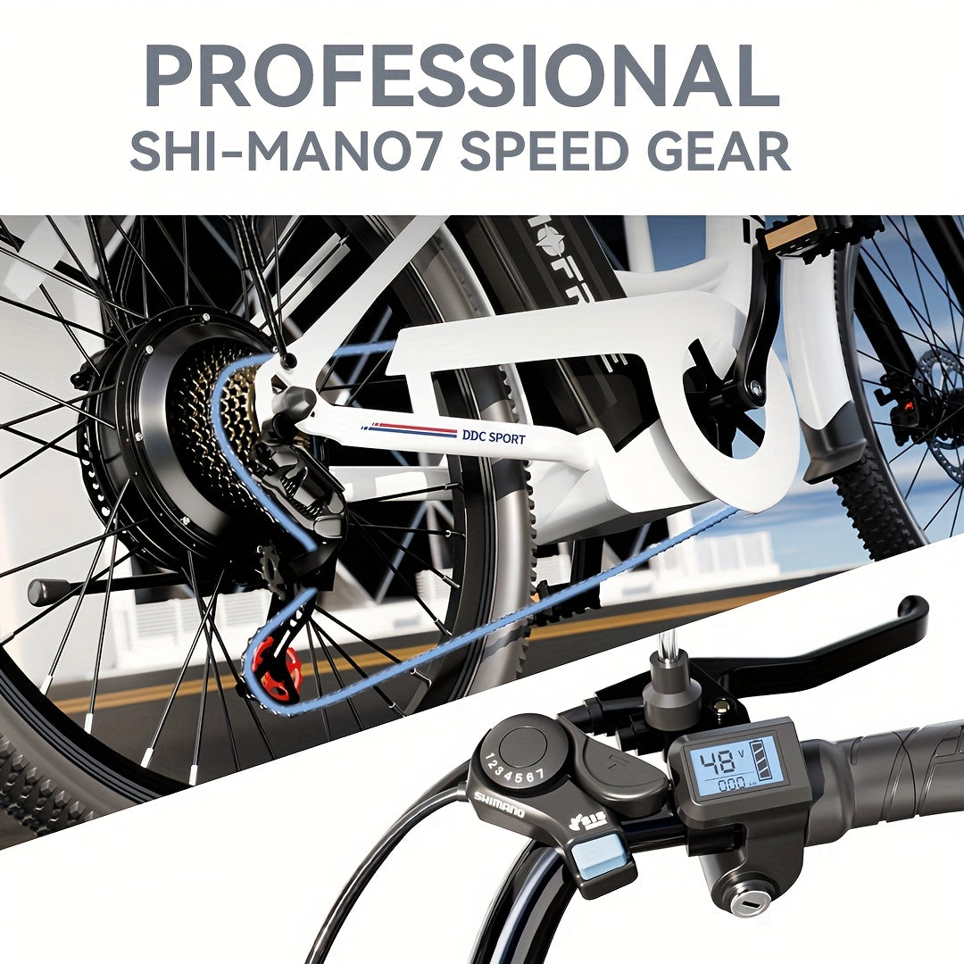 24-inch Wheels, 20-26MPH Commuter, LCD Display, 7 Speed Shift Adult Electric Bicycle, 350-500w Powerful Motor, 36V 10.4A Lithium Battery, Aluminum Alloy Body, Front Fork Shock Absorber, Headlights, Night Driving Protection, B