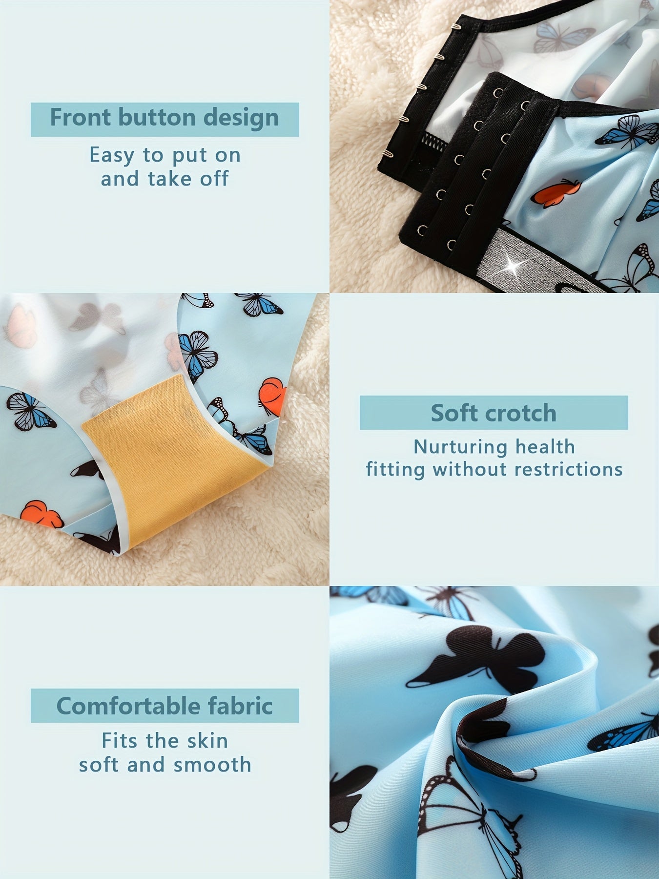 A Set of Butterfly Print Front-Button Women'S Lingerie, Featuring Wide Straps, a Wireless Bra, And Seamless Panties, Soft And Comfortable, Perfect for Everyday Wear in Autumn And Winter.