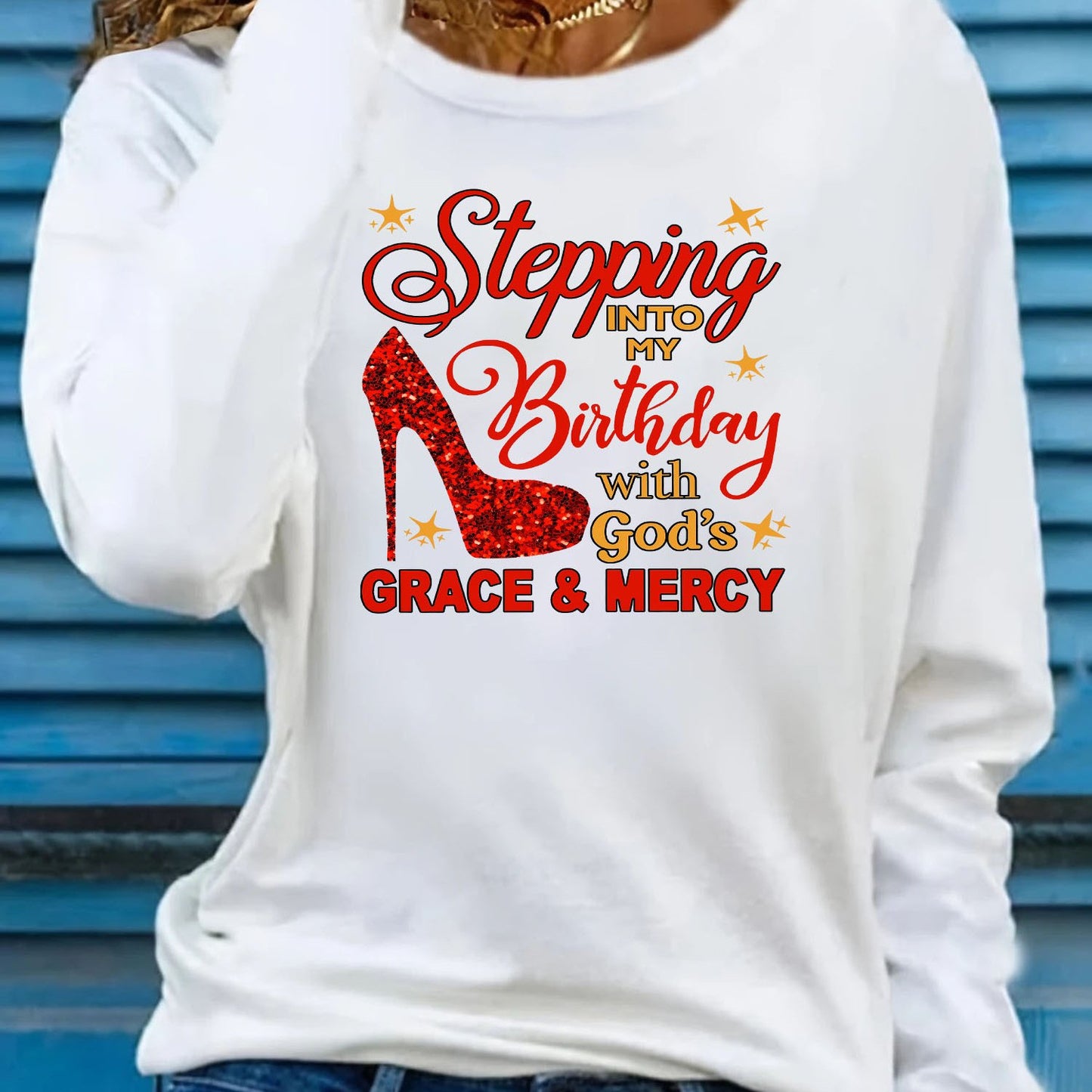 Women'S Christian Faith-Inspired "Stepping Into Birthday with God'S Grace & Mercy" Red High Heel Print Long Sleeve T-Shirt - Soft Breathable 95% 5%, Casual & Streetwear Style, Birthday Outfit, Trendy Streetwear, Medium Stretc