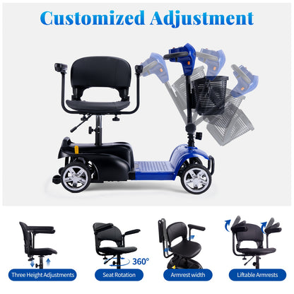 This 4-wheel Electric Mobility Scooter, Designed for Seniors And Individuals with Disabilities, Features A 350W Motor, 12.5Ah 6 Mph Top Speed, 15-mile Range, 360° Rotating Seat, LED Headlights, Detachable Shopping Basket, An