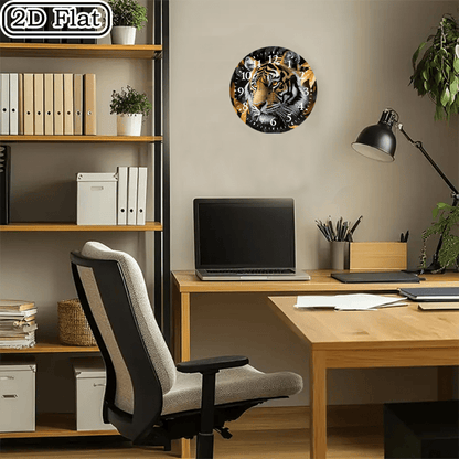 10x10 Inch Round Wooden Wall Clock with Tiger Head & Orange Leaves Design - Silent Non-Ticking Battery-Powered Modern Black/White Face, Golden Hands - Home Office Bedroom Decor, Wildlife-Themed Gift for Halloween Christmas (A