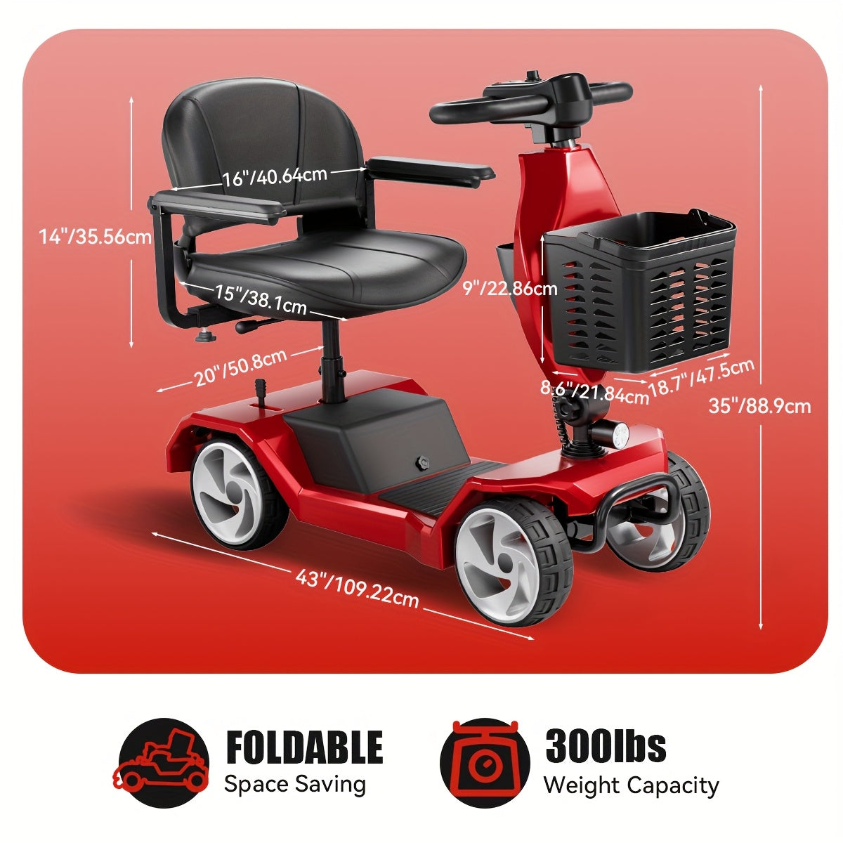 250W Motor+15 Mile Range! FSA/HSA Four Wheel Mobility Scooter, with A 260 Pound Weight Capacity And Foldable Design, Comes with A Front Facing Shopping Basket, Making It Easy to Shop with Just One Click!