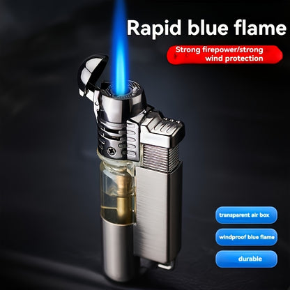 This Is a Windproof Inflatable Lighter Designed with a Creative Transparent Gas Box And a Round Machine, Featuring a Cover And No Butane
