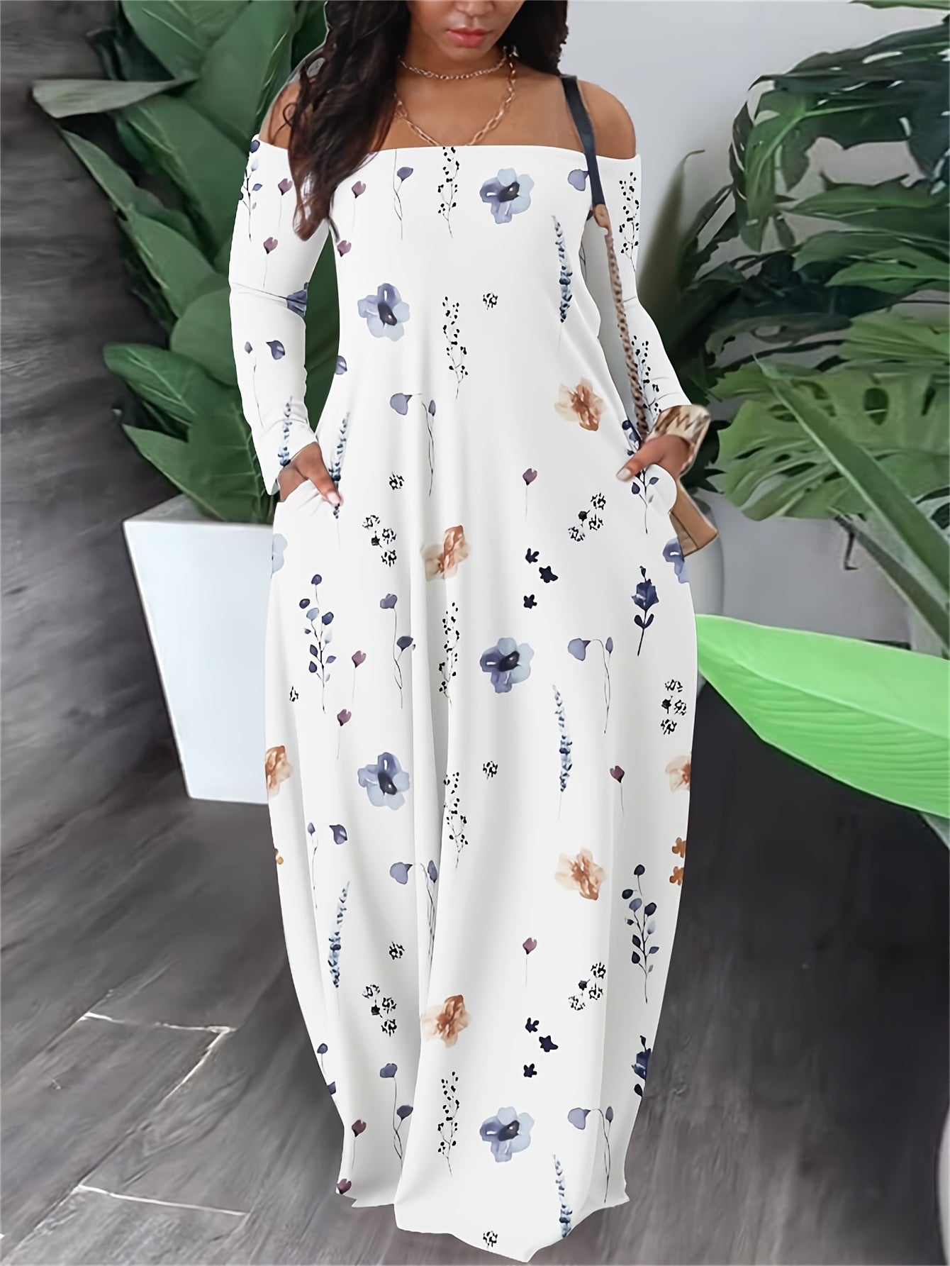 Plus Size, Women's Plus Size Floral maxi dress - Off-Shoulder long gown with side pockets, Flowy party & Everyday dress in Navy/Beige/White/Gray/Black/Blue/, Hand Washable Formal & Casual Outfit