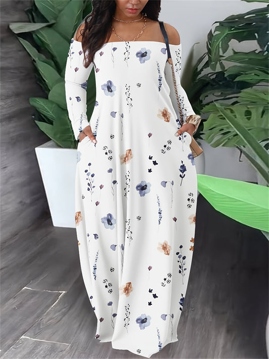 Plus Size, Women's Plus Size Floral maxi dress - Off-Shoulder long gown with side pockets, Flowy party & Everyday dress in Navy/Beige/White/Gray/Black/Blue/, Hand Washable Formal & Casual Outfit