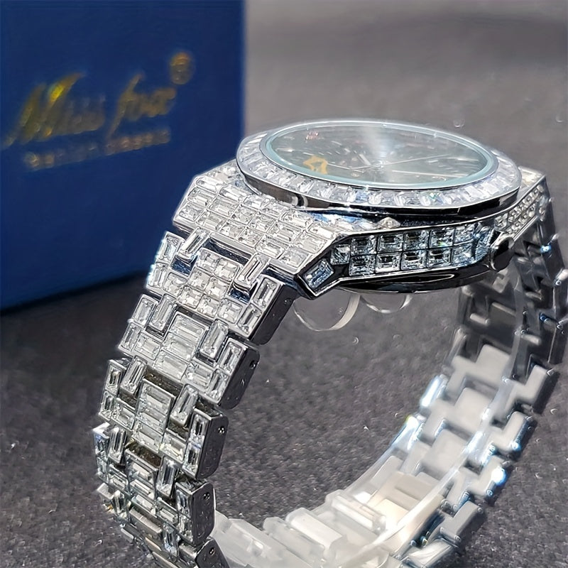 Automatic Hollow Mechanical Watch Men'S Tourbillon Mechanical Watch Luxury All Rhinest Glass Transparent Bottom Men'S Watch Gift, Without Battery