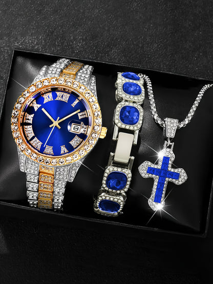[Men's Watch Set] Luxury Men's Watch Set, Including Artificial Gemstone Bracelet and Cross Necklace, Roman Numeral Watch, Inlaid with Artificial Rhinestones, Perfect Gift for Men, Party Essentials