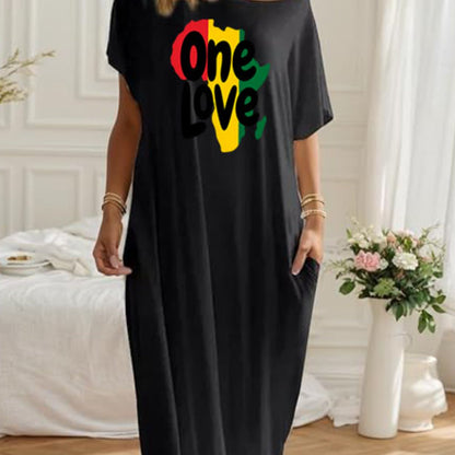 Comfortable Loose Casual Pocket Dress - "One Love" Jamaica Style Pattern Off Shoulder Relaxed Dress