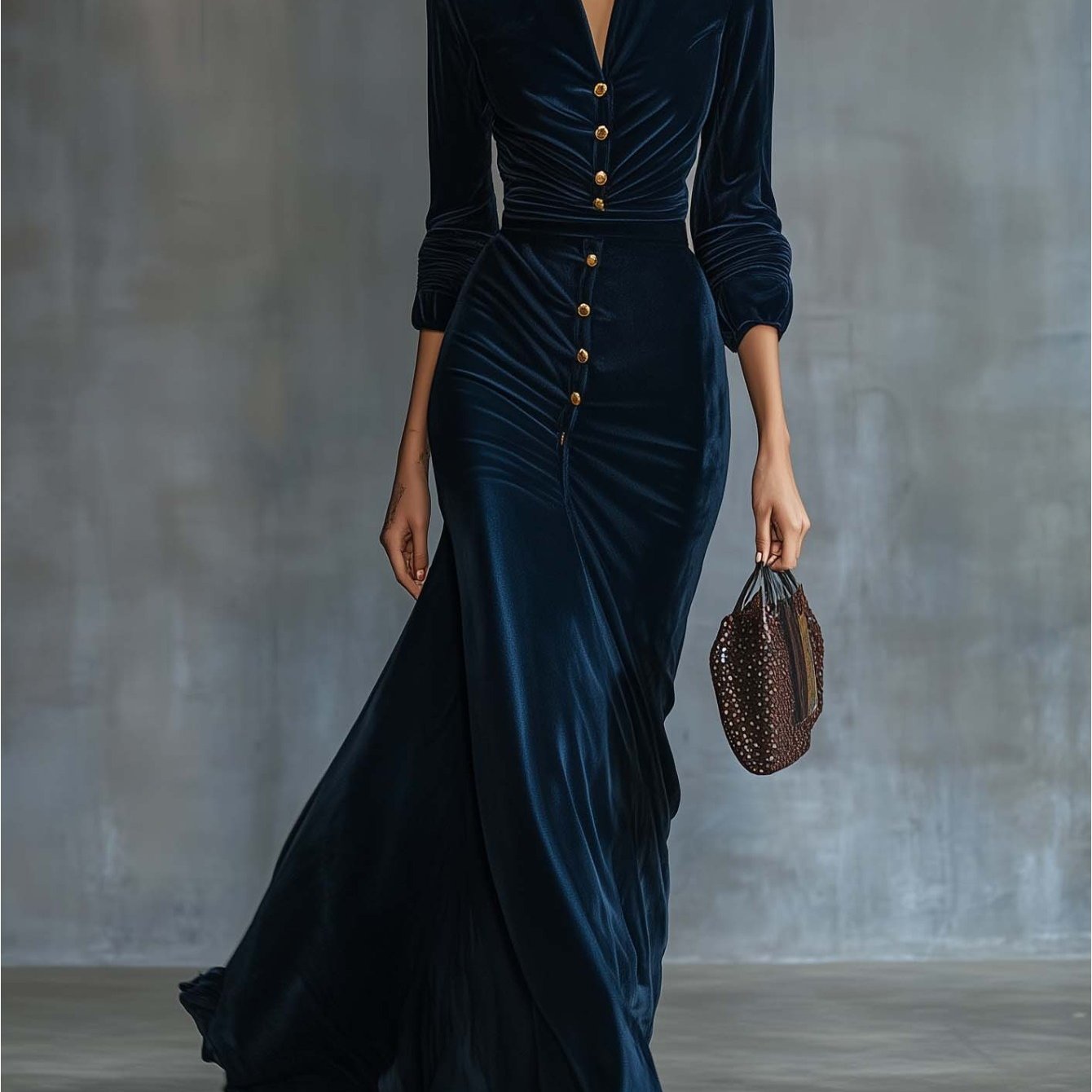 Navy Velvet Stand Collar Waist-Defining Dress for Women | Golden Buttons + Fishtail Hem, Perfect for Evening Parties and Glamorous Social Occasions