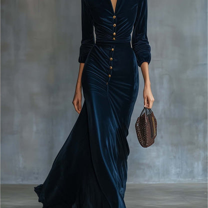 Navy Velvet Stand Collar Waist-Defining Dress for Women | Golden Buttons + Fishtail Hem, Perfect for Evening Parties and Glamorous Social Occasions