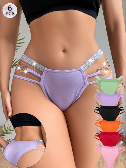 6pcs Women's Sexy Bikini Panties, Mixed Colour Heart Chain, Hollow Out, Glitter Waistband Elegant Luxury Thong, Romantic Dating & Party & Casual Attire Underwear, Women's G-string & Briefs