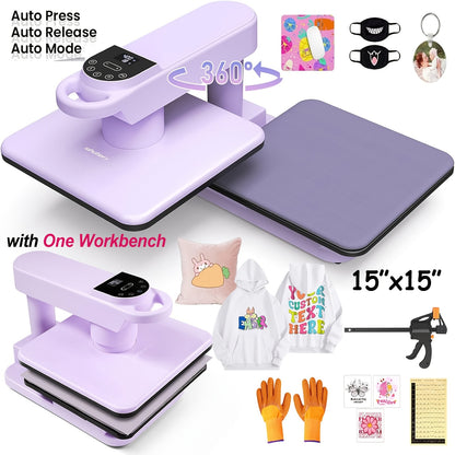 15x15 Inch Swivel Auto Heat Press Machine, 360° Swing Away Smart T-Shirt Printing W/Auto Press & Auto Release & Auto-Off, 7 Adjustable Pressures & 1.85" Higher Heating Height for HTV, Dual-tube Heatinbg, Sublimation, Heat Tr