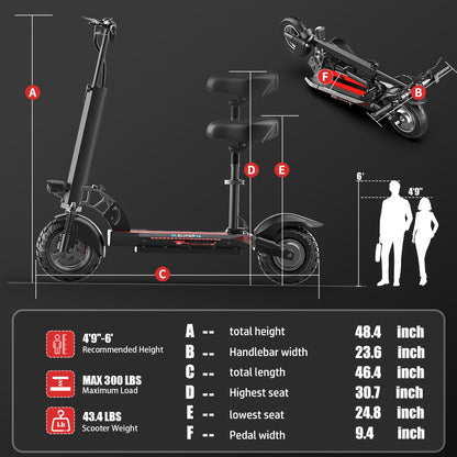Adult Electric Scooter 700W Motor 20 MPH & 35 Mile Range, Foldable E-Scooter with Seat, 10" All-Terrain Tires, Dual Suspension, 48V 15AH, Heavy-Duty Black/Red E--like Ride for Adults ( Plug)