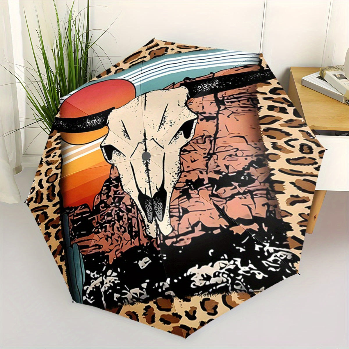 Automatic Open/Close Umbrella with Cow Skull & Desert Sunset Design - Leopard Print, Windproof 8-Rib Collapsible Umbrella, Portable All-Season Outdoor Accessory, Unique Gift for Christmas, Birthday, Festival, Umbrella Heavy D