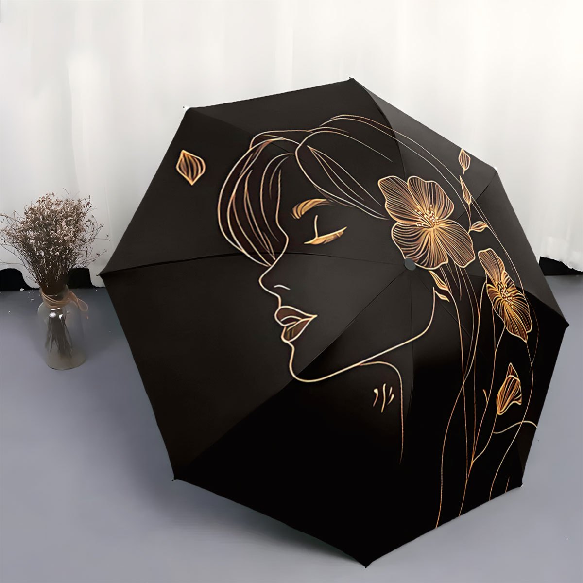 Women'S Automatic Open/Close Umbrella - Elegant Black & Golden Floral design, Compact Folding Umbrella with Minimalist Line Art Profile, Travel, Everyday, Formal Events - Ideal Gift for Women, Outdoor Accessory, Stylish Acces