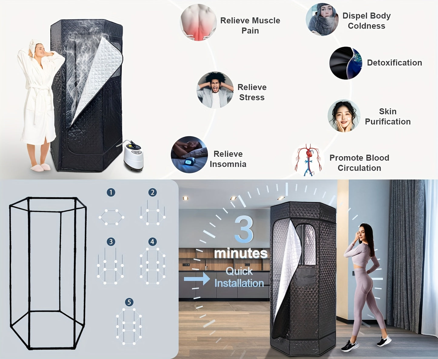 Hexagonal Sauna Room - Portable Sauna Box - Foldable Spa 1.06gal Steamer - Full Size Personal Sauna For Relaxation - Sauna Tent For Home - Remote Control & Folding Chair - 15 Levels