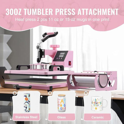 Heat Press Machine, 12 X 15 Inch, 8in 1 Heat Transfer Machine with 6-30oz Tumbler Press, 360° Swing Away T-Shirt Pressing, Digital Precise Control, for T-Shirts/Mugs/Hats/Plates, Pink