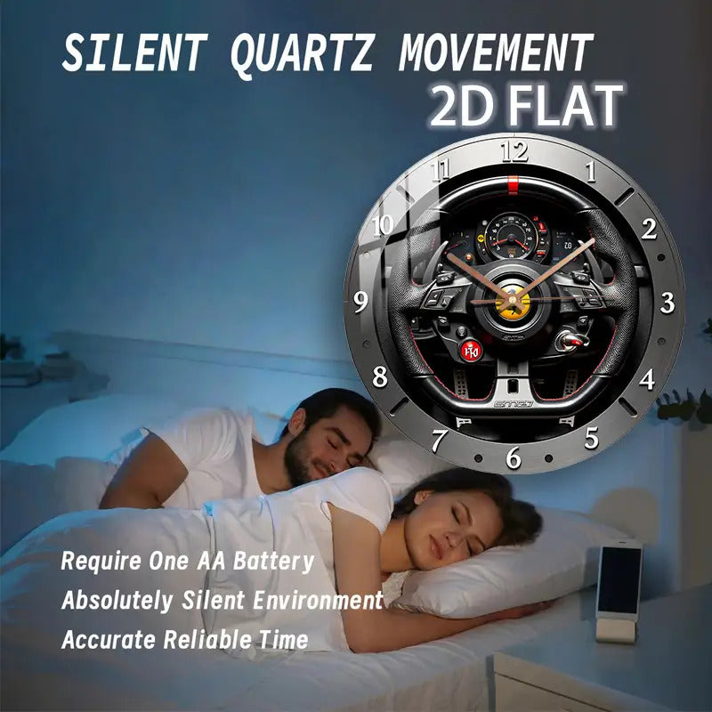 12-inch Modern Racing-Themed Steering Wheel Wall Clock - Silent Quartz Movement, Black & Red Accent Glass Face with White Hands, Battery-Powered (AA Not Included) - Unique Home Decor for Bedroom, Living Room, Garage, for Man