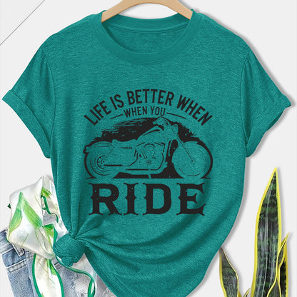 Women'S Motorcycle Graphic Long Sleeve T-Shirt - Turquoise Riding Slogan Print, Loose Fit Casual Top with Round Neck, All-Season Comfort for Motorcycle Enthusiasts, Outdoor Riding & Casual Attire, Breathable & Durable Apparel