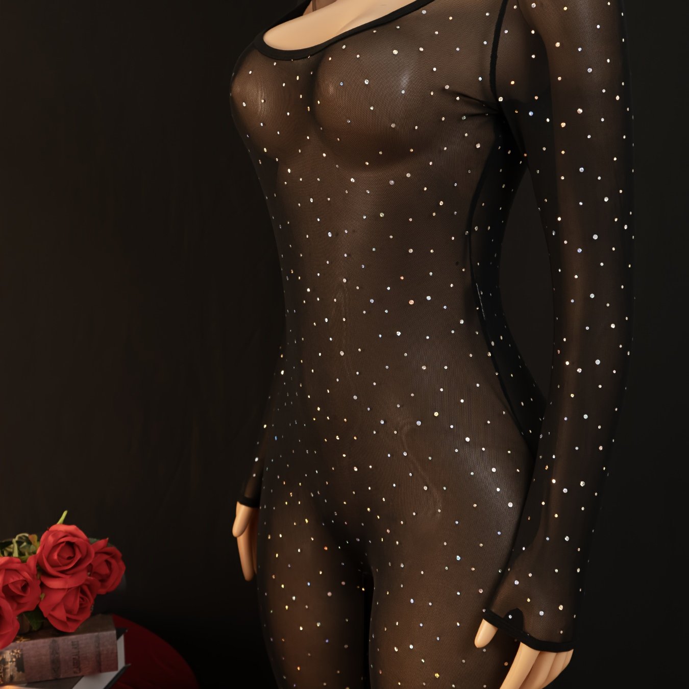 Women'S Elegant Sexy Black Sequin & Mesh Onesie - Lace Trim Full Coverage Bodysuit, Stretchy Elegant Party Outfit for Nightclub, Formal Events, Photo Shoots - Sexy Clubwear Clothing for Women Adults, Sexy Clothes for Women, N