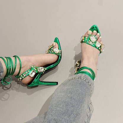Women'S Rhinestone-Adorned Cross Strap Open-Toe High Heel Sandals - Ultra-High Stiletto Heels, PU Cover Upper & Lining, European & American Style Elegant Party & Formal Dress Shoes with Cushioned Insole, Durable Rubber Sole -