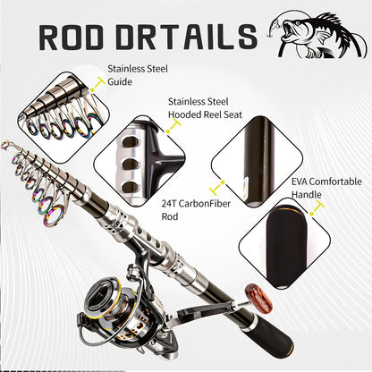 Carbon Fiber Telescopic Fishing Rod and Reel Combo with Spinning Reel - Fast Action Light Power Lightweight Travel-Friendly Freshwater & Saltwater Fishing Kit, Collapsible Design with Carrier Bag, Lures, Hooks, Pliers & Acces