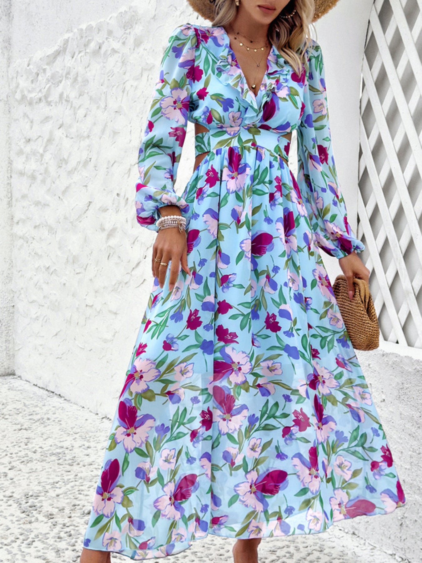 Stylish Floral Dresses with V-Neck, Long-Sleeved& Waist-Cinching Design for A Comfortable Look- Holiday& Casual Outfit for Women