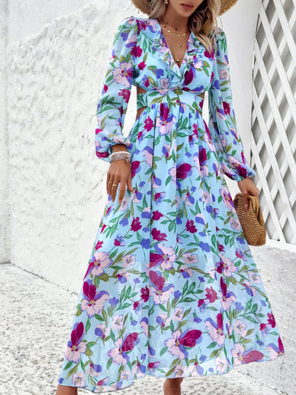 Stylish Floral Dresses with V-Neck, Long-Sleeved& Waist-Cinching Design for A Comfortable Look- Holiday& Casual Outfit for Women