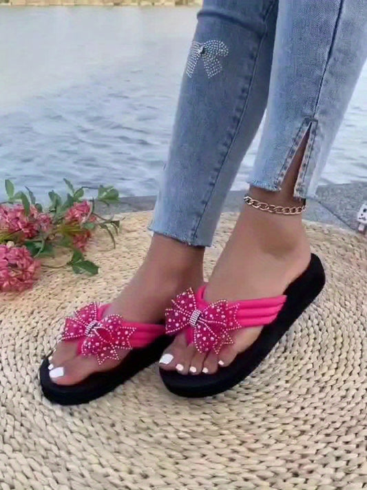 Women's Slip-On Rhinestone Sandals - Sparkling Toe Strap, Slip-Resistant EVA Sole - Pink Formal & casual Shoes for Parties, Beach, Casual Attire - Easy-Clean Women's Footwear, B Bow Detail, Fashionable Design