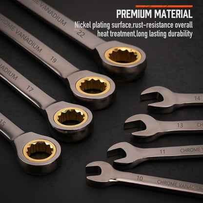 12pcs Professional Ratcheting Wrench Set, 1/4" to 7/8" (6mm-22mm), 72 Teeth, Carbon Steel and Chrome Vanadium, Metric & Imperial, Plastic Stand Included, Tool Organization | Compact Design | Durable Construction, Wrench Set