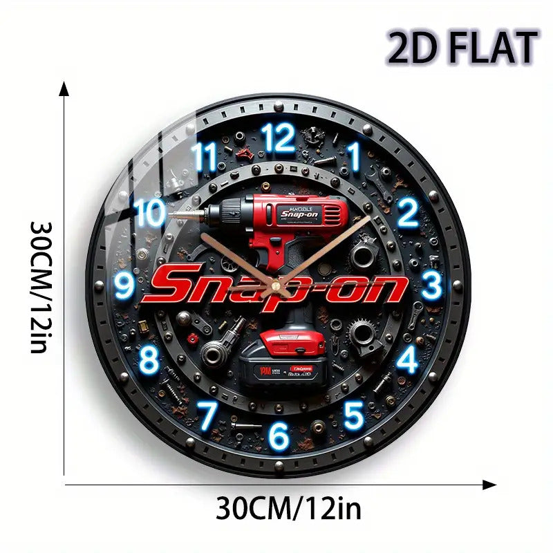 12-Inch -Themed Glass Wall Clock with Snap-On Drill & Power Design (Drill/ Driver) - Silent Quartz Movement, Battery- (AA Not Included) - DIY Mechanic's Workshop Decor for Garage, for Man Cave, Home - Style