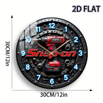 12-Inch -Themed Glass Wall Clock with Snap-On Drill & Power Design (Drill/ Driver) - Silent Quartz Movement, Battery- (AA Not Included) - DIY Mechanic's Workshop Decor for Garage, for Man Cave, Home - Style