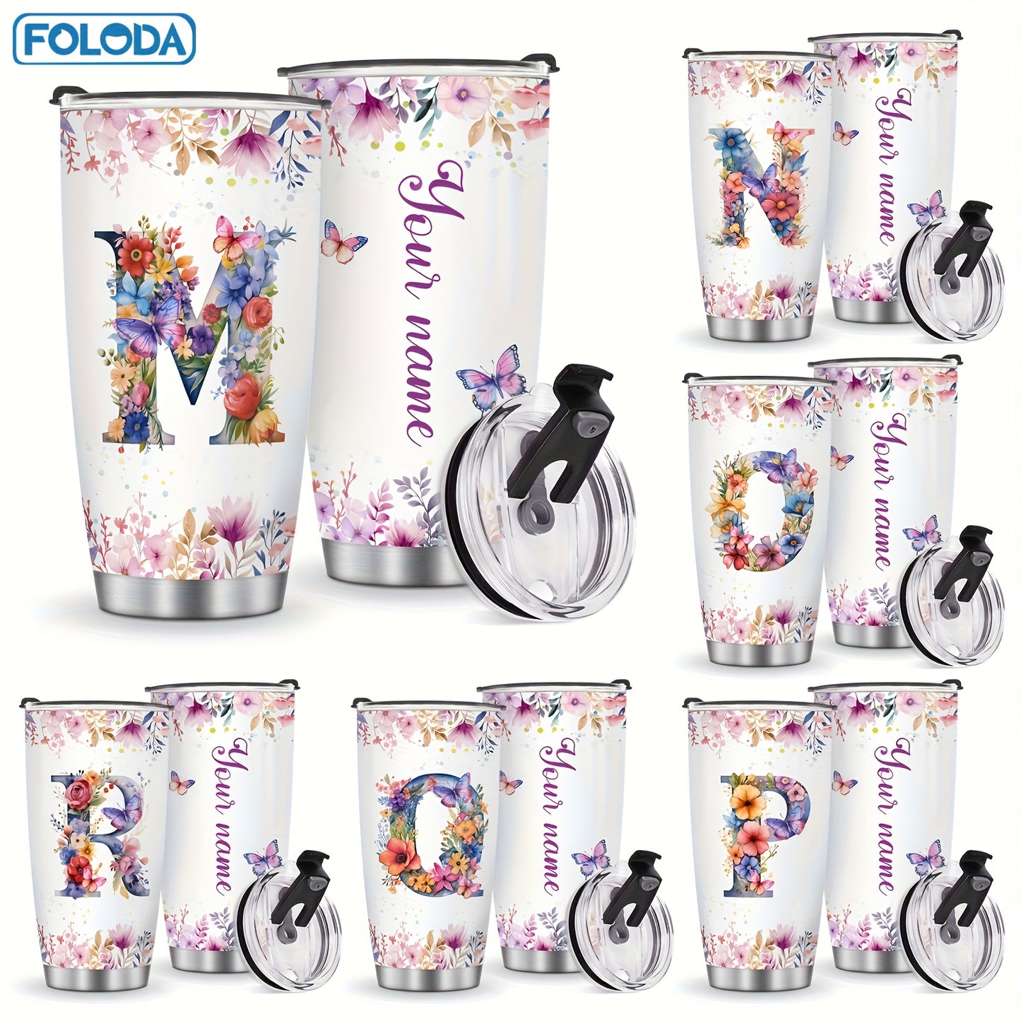 Foloda 1pc Personalized Flower Initials Tumbler Christmas Gift 20oz Mug with Letter Flower Butterfly, Travel Cup for Wedding Birthday Graduation Party, Birthday Valentine's Day Mother's Day Gifts Stainless Steel Mug with Lid