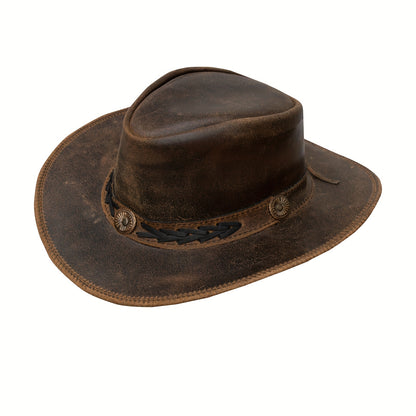 Shapeable Leather Cowboy Hat Into Outback Hat Western Vintage Australian Hats for Men & Women, Festival Unisex Outdoor, High Quality &, Handcrafted Headwear-Stitching, Lightweight Top-Grain Leather, Brass Studs, Adjustable Ch