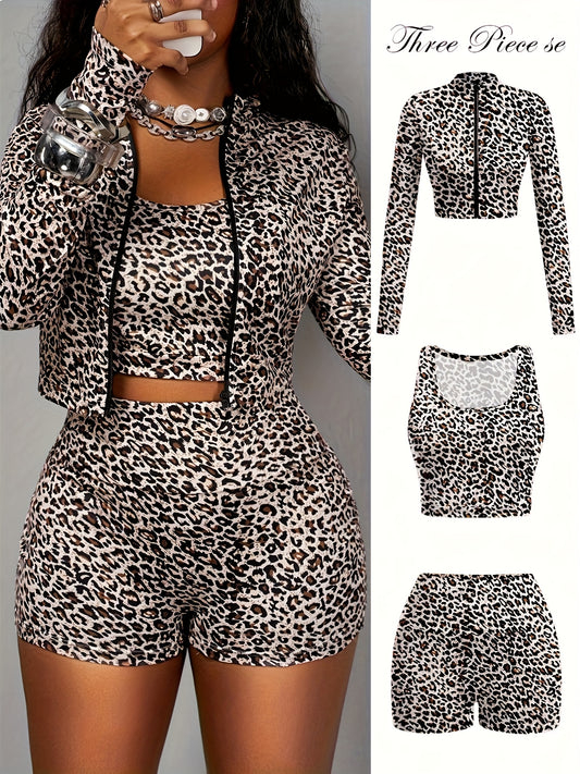 3pcs Women' Leopard Print Clubwear Outfit - Sexy Long Sleeve Wrap Top, Shorts & Camisole Bodysuit | Non- Full Coverage Matching Lounge Wear for Party, Date Night | Hand Washable - 3pcs Ensemble