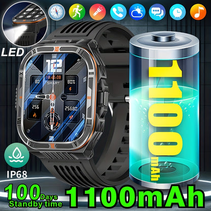COIUSOR Men'S & Women'S Outdoor Sports Smart Watch with Flashlight, 1100mAh Large-Capacity Battery, Built-in Compass, 100+ Sports Modes, 2.01" HD Display, Wireless Calls, AI Voice Assistant, USB Rechargeable - Ideal Holiday G