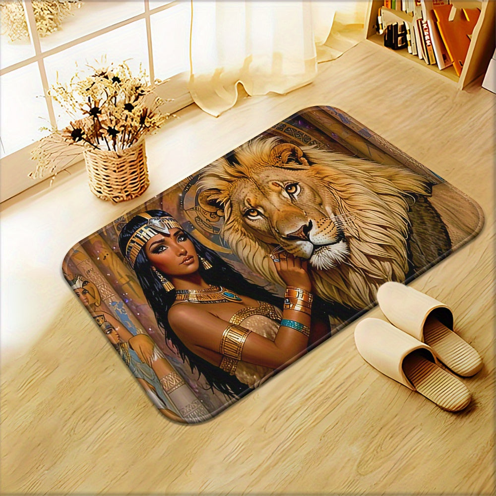 1pc Cleopatra and Lion Non-Slip Door Mat – Microfiber Absorbent, Machine Washable Polyester Rug with Egyptian Motifs, Perfect for Bathroom, Bedroom, Living Room