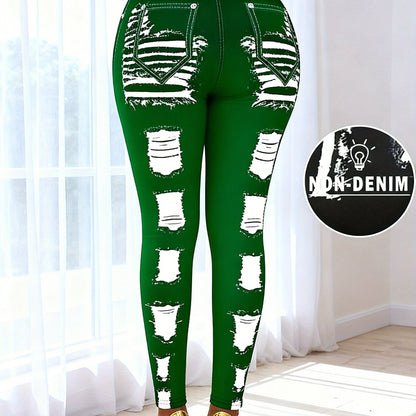 [Printed Pants - Not Denim Fabric] Printed Legging - Not Denim Fabric - Christmas Plus Size Women's Digital Print Denim-Look Leggings, Stretch Polyester, All-Season Casual Slim-Fit Pants, Regular Fit, Adult Sizes, Machine Was
