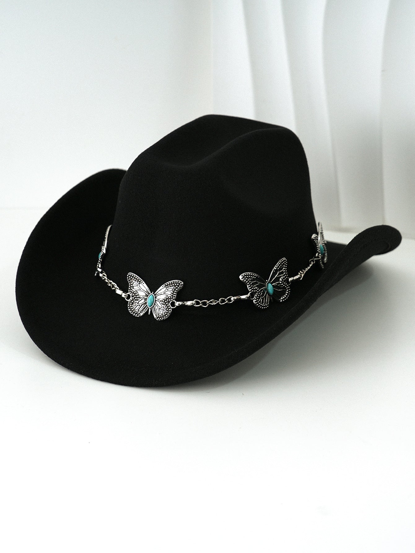 Women'S Bohemian Turquoise & White Cowboy Hat - Felt Wide Brim Sun Hat with Butterfly Metal Chain Accent, Non-Stretch Formal & Western Style for Christmas, Festivals, Casual Attire - Hand Washable Elegant Felt Cowboy Cap, Cow