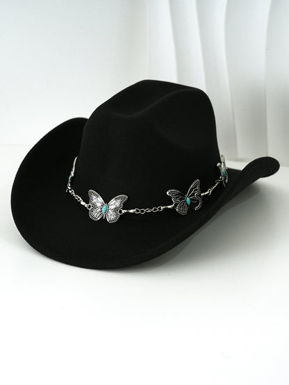 Women'S Bohemian Turquoise & White Cowboy Hat - Felt Wide Brim Sun Hat with Butterfly Metal Chain Accent, Non-Stretch Formal & Western Style for Christmas, Festivals, Casual Attire - Hand Washable Elegant Felt Cowboy Cap, Cow